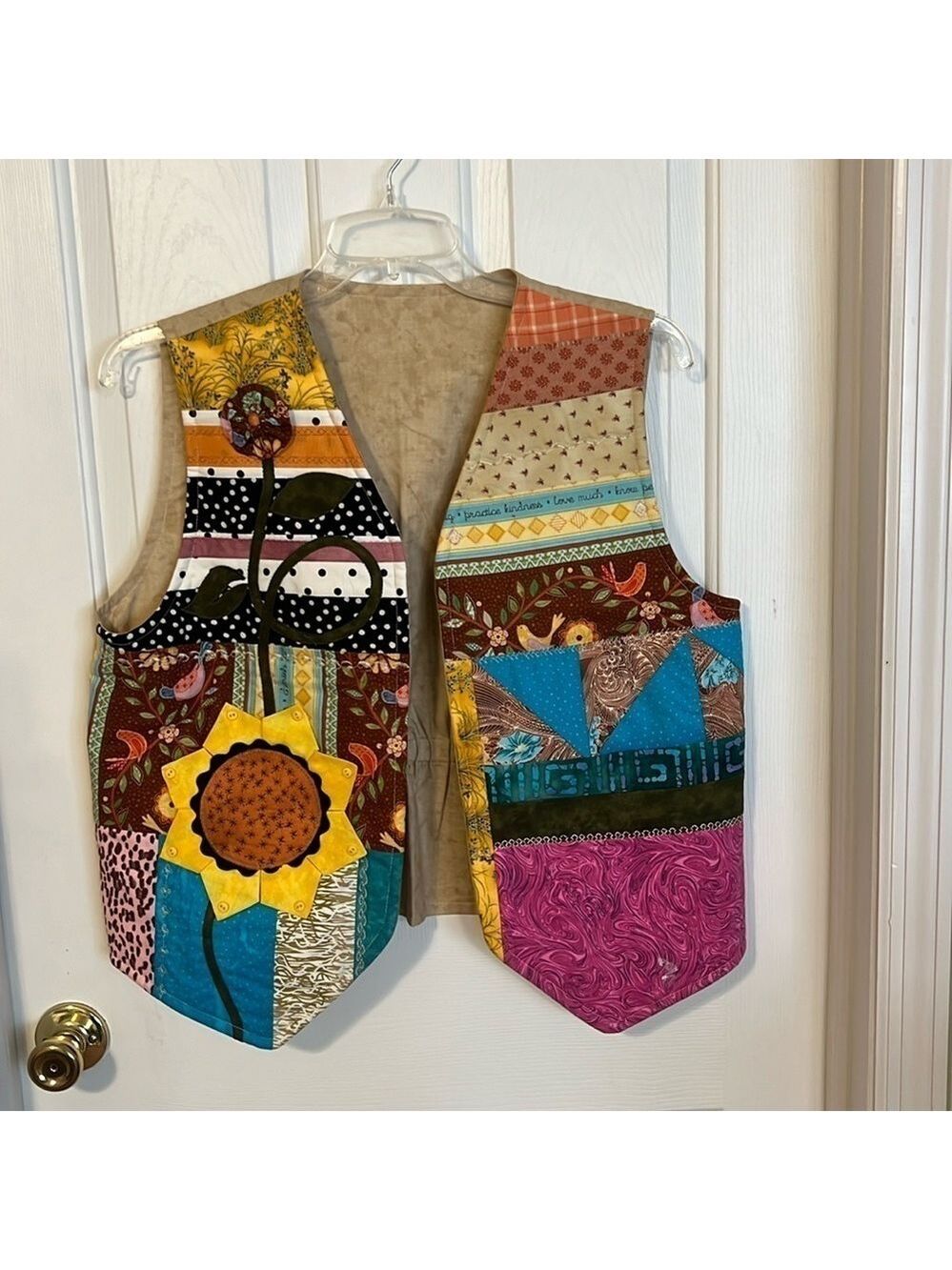 Vintage handmade quilted vest. Boho, appliqué , yo-yo flower, lined, size ? L